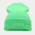 Close-up of neon green knit beanie featuring a grey mountain embroidery detail - Neon Green