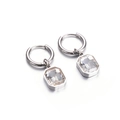 Silver stainless steel hoop earrings with rectangular clear crystal glass pendant - Silver White