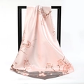 Pink floral satin square scarf with cherry blossom print and grey contrast border - Winter Plum Snow Bud Khaki Edge (SD90-26-1)