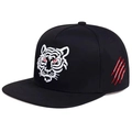 Flat brim black hip hop baseball cap with white tiger head and red scratch embroidery - Adjustable / Black and White