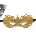 Detail of elegant gold lace masquerade mask with intricate cutouts and sparkling rhinestones - One Size / Gold (Ribbon)