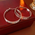 Gros plan de boucles d'oreilles argentées multicouches sur un coffret à bijoux en bois - Argent-4cm (Aiguille en Argent)