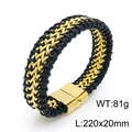 Bracciale punk da uomo in pelle nera intrecciata con catena in metallo dorato e chiusura magnetica - 220x20mm / Oro