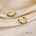 Detailed view of gold heart hoop earrings with multicolored gemstones and size dimensions - Gold Heart