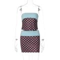 Detalle de conjunto de top corto y minifalda con lunares marrones para mujer de frente - S / Azul