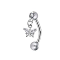 Silver butterfly navel ring with sparkling zircon stones in a sleek curved design - Butterfly Style