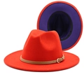 Detail of red and purple two-tone wool fedora hat with faux leather belt buckle strap - Orange Red + Purple