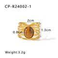Detail view of gold-plated multi-layer hollow ring featuring an oval tiger eye stone inlay - Adjustable Open / Tiger Eye Style (CP-R24002-1)