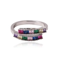 Detail of crossover ring featuring colorful emerald-cut zircons set in polished silver metal - Style 5 Silver