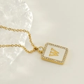 18K gold square letter W pendant necklace with sparkling rhinestones and white enamel - Gold-W