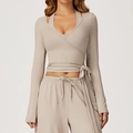 Chic light coffee long sleeve yoga wrap top and wide leg pants set with tie-waist detail - S / Flaxen