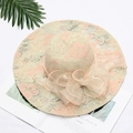 Pink lace sun hat for women with large brim and elegant ribbon bow decoration - Marled Beige