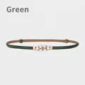Elegant slim dark green leather belt featuring a gold floral pearl and rhinestone buckle - Green