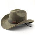 Olive green suede western cowboy hat with textured band and decorative leather buckle - M (56-58cm) / Army Green