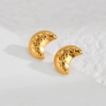 Elegant gold crescent moon stud earrings with star texture on a white minimalist background - Moon (E887-yl)