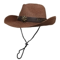 Detail of a brown woven western cowboy hat with vintage metal flower and adjustable chin strap - M (56-58cm) / Coffee