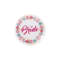 Floral Bride to be tinplate badge with pink script and diamond icon on white background - Flower Bride