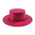 Detail of fuchsia sequin flat top fedora hat with shimmering finish and wide brim - Rose Red