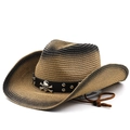 Détail d'un chapeau de cow-boy en paille avec crâne argenté et bande cloutée - M(56-58cm) / Kaki Noir