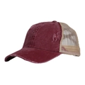Detail of burgundy washed cotton trucker hat with distressed holes and beige mesh back - Wine Red with Beige Mesh