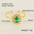 18K gold plated stainless steel ring with green zircon and adjustable open band - Sunflower Ring (617) - Green Zircon