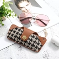 Houndstooth and brown leather sunglass pouch with gold floral clasp and chain - Houndstooth Brown