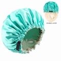 Double layer satin sleep bonnet in turquoise and beige with adjustable elastic strap - Mint Green
