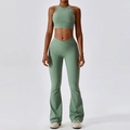 Sage green ribbed yoga set with halter neck crop top and V-waist flared leggings - S / -2 Bra + Flare Pants / Basil Green