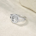Detailed close-up of hollow Tree of Life silver ring with sparkling crystal inlay - Silver (Tree of Life Style 1)