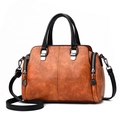 Brown faux leather handbag with black straps and silver zipper details for women - Khaki/Earth Yellow