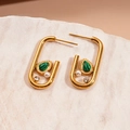 Orecchini a U in acciaio inossidabile dorato con malachite, perla e diamanti - Oro
