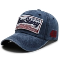 Navy blue vintage washed cotton baseball cap with retro American embroidery patches - Adjustable / Navy Blue