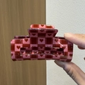 Pince à cheveux rectangulaire à damier rose et cœurs en résine pour femme - Cœur Damier Rouge et Rose