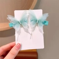 Set of two light blue butterfly hair clips with sheer tulle wings and white pearls - Green Gauze Butterfly Pair / Green
