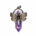 Detail of dragonfly vintage pendant with natural purple crystal hex pillar and silver moth - Amethyst