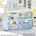 Sky blue triple-layer transparent pencil case with waterproof canvas and clear PVC - Light Blue
