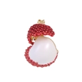 Exquisite lychee brooch with red textured peel and white pearl core on gold hardware - Lychee Style (C934-A)