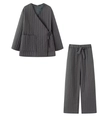 Women's dark grey quilted two-piece lounge set with belted V-neck top and wide pants - XS / Grey Set