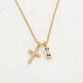 Golden cross necklace with rectangle purple gemstone pendant and white zircon accents - June / Light Purple