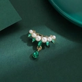 Vintage gold brooch with white pearls and green water-drop emerald stones - 397# Green Water Drop