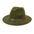 Detail of army green wool fedora with brown leather strap and vintage metal buckle - M(56-58cm) / Army Green