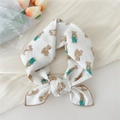 White cotton linen neck scarf with brown bear prints and green overalls patterns - Puppet Bear White