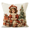 Federa per cuscino natalizia vintage in lino con stampa retrò di bimba e albero - Ragazza retrò / 45x45cm(Solo fodera)