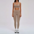 Ensemble de yoga brossé kaki comprenant un legging taille haute et une brassière de sport - S / Soutien-gorge Style 2 + Leggings - Marron Camel