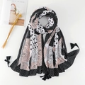Linen cotton floral scarf featuring pink rose prints, polka dots, and black tassels - Xb529 / 180*90CM