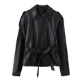 Chaqueta corta de cuero sintético negro para mujer con cinturón y cuello de solapa - XS / Negro
