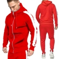 Men's red hooded tracksuit with white side stripes, including zip-up hoodie and joggers - Red