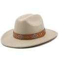 Close-up of wool fedora with a brown leather band and silver rivet decorative patterns - M (56-58cm) / Beige