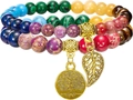 Colorful tree of life and leaf charm bracelets with rainbow natural stone beads - Multi-color Stones + Gold Leaf