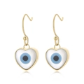 Golden heart earrings featuring a blue Turkish evil eye design on a white background - Gold